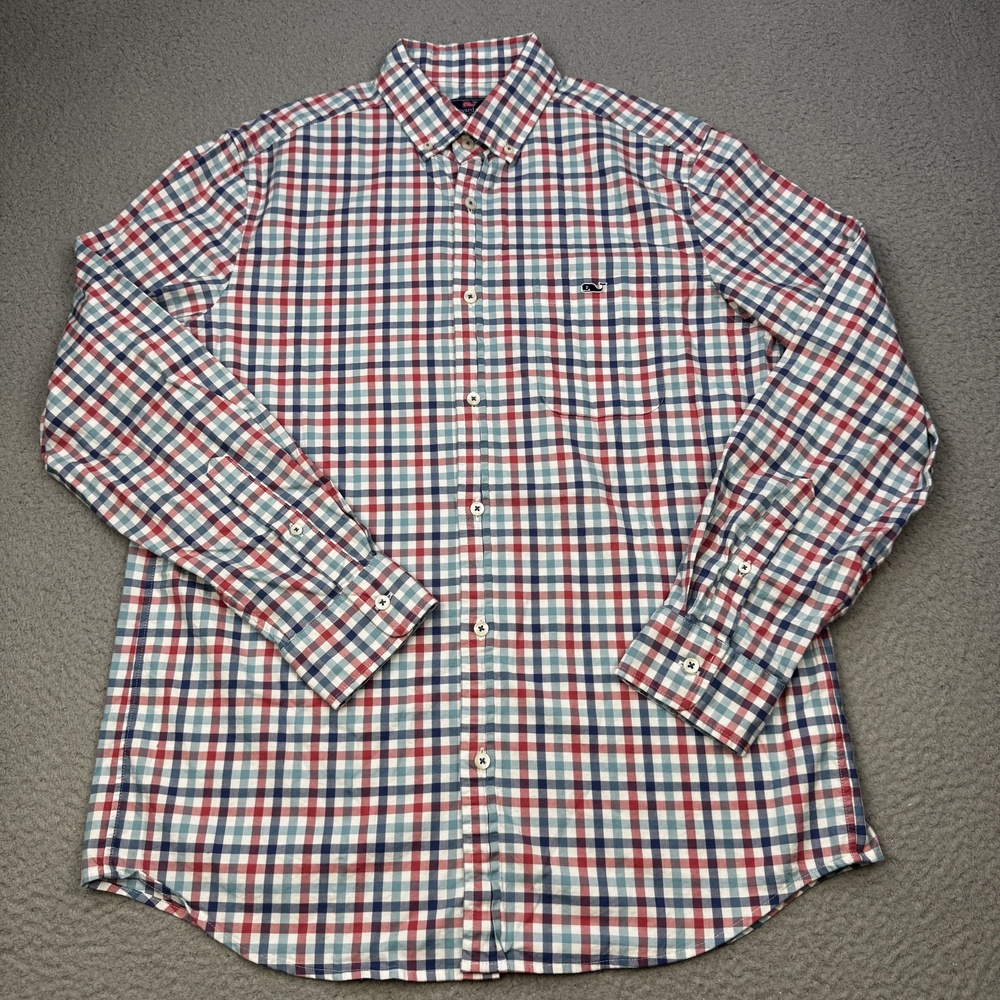 Vineyard Vines Shirt Mens Medium Pink Blue Plaid Classic Fit Tucker Stretch